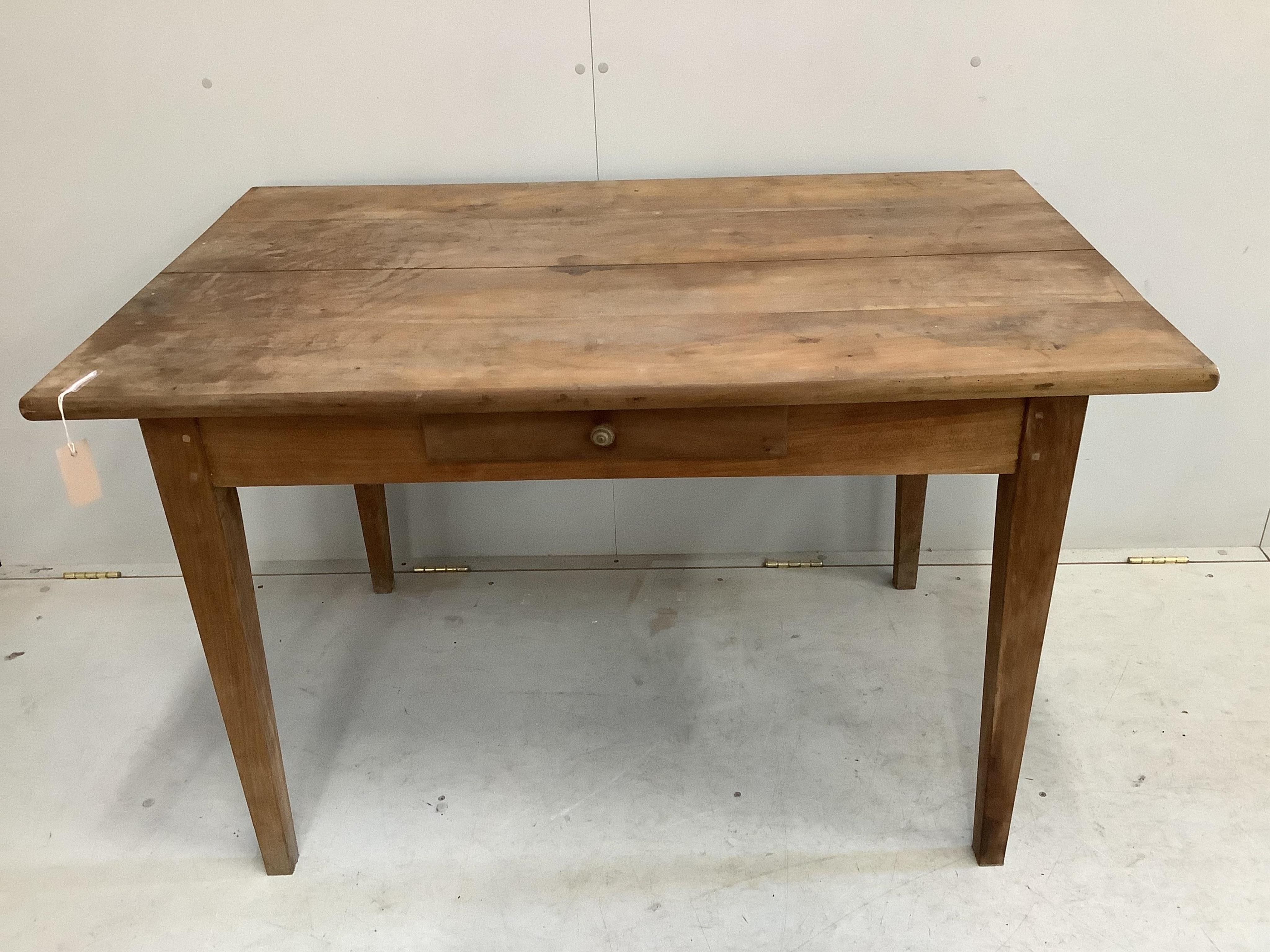 A 19th century French rectangular cherry kitchen table, width 121cm, depth 77cm, height 75cm. Condition - fair